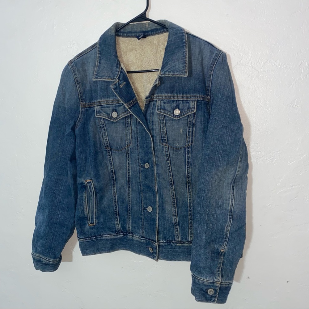 GAP Sherpa Lined Insulated Denim Jean Jacket Womens XL Faded Distressed Preowned